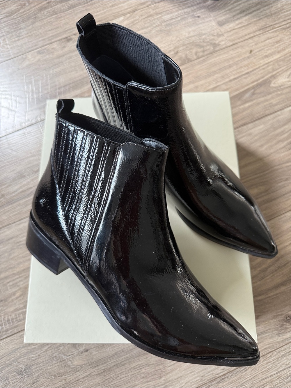 Marc Fisher LTD Yommi Chelsea Bootie in a shiny black patent leather 8 1/2
